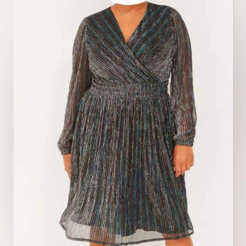 Lane Bryant Lurex Blouson Sleeve Crinkle Knit Dress Rainbow Metallic 14/16 Party